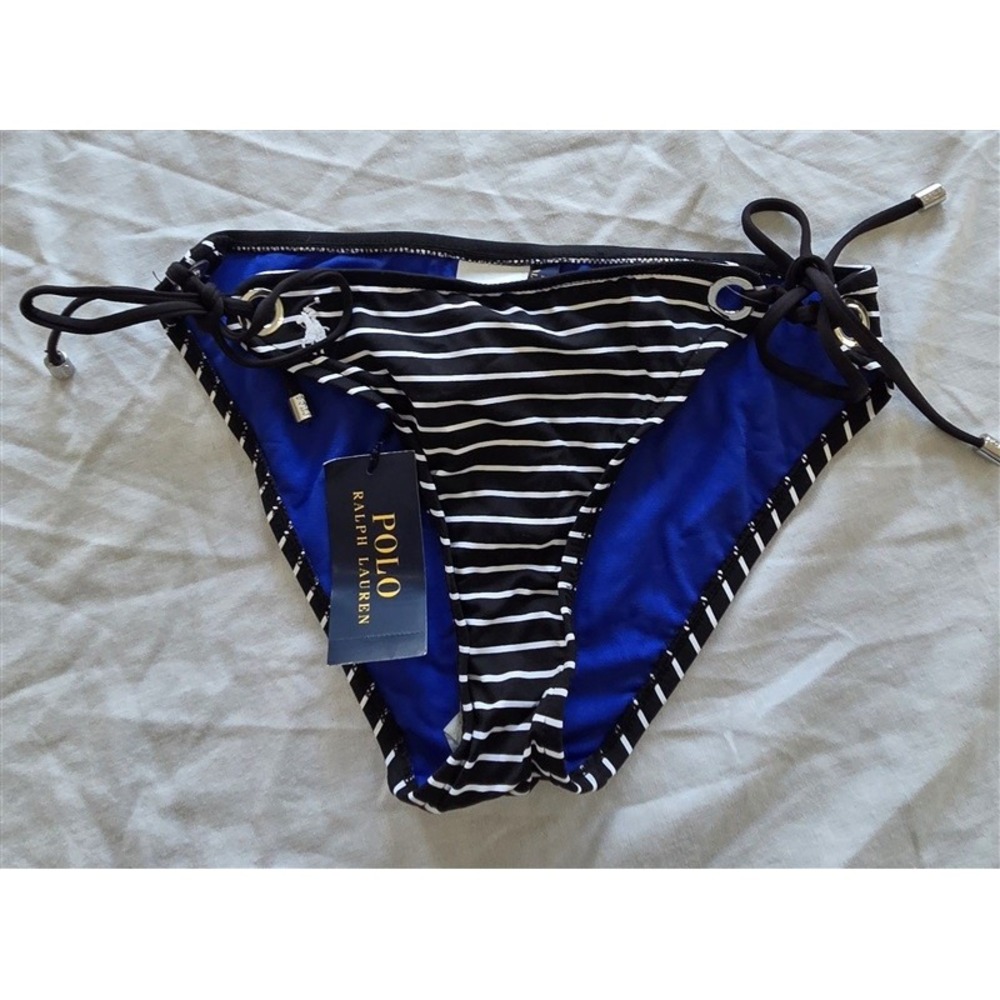 NWT Ralph Lauren XS Stripe Hipster Side Tie Bikini Swim Bottom Polo Pony 131970